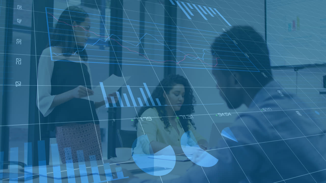 Animation of multiple graphs with changing numbers, diverse coworkers discussing reports in office
