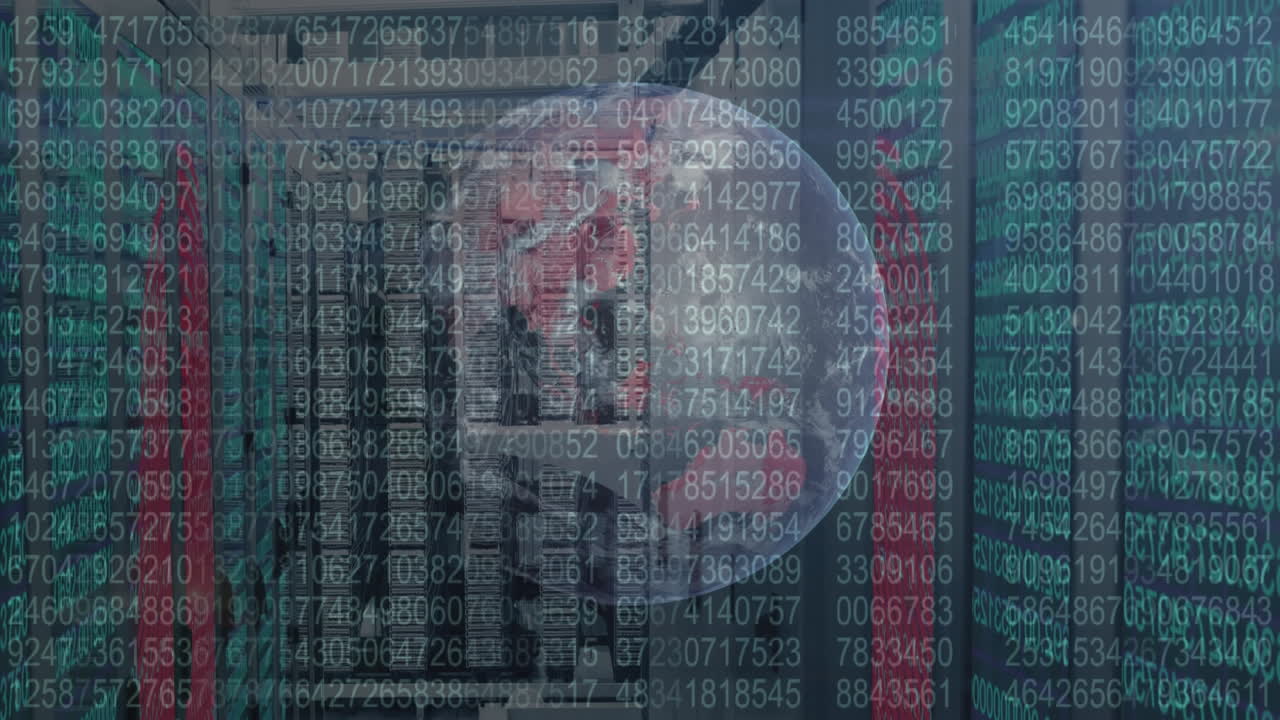 animación del procesamiento de datos con un globo girando sobre una habitación hecha de pantallas