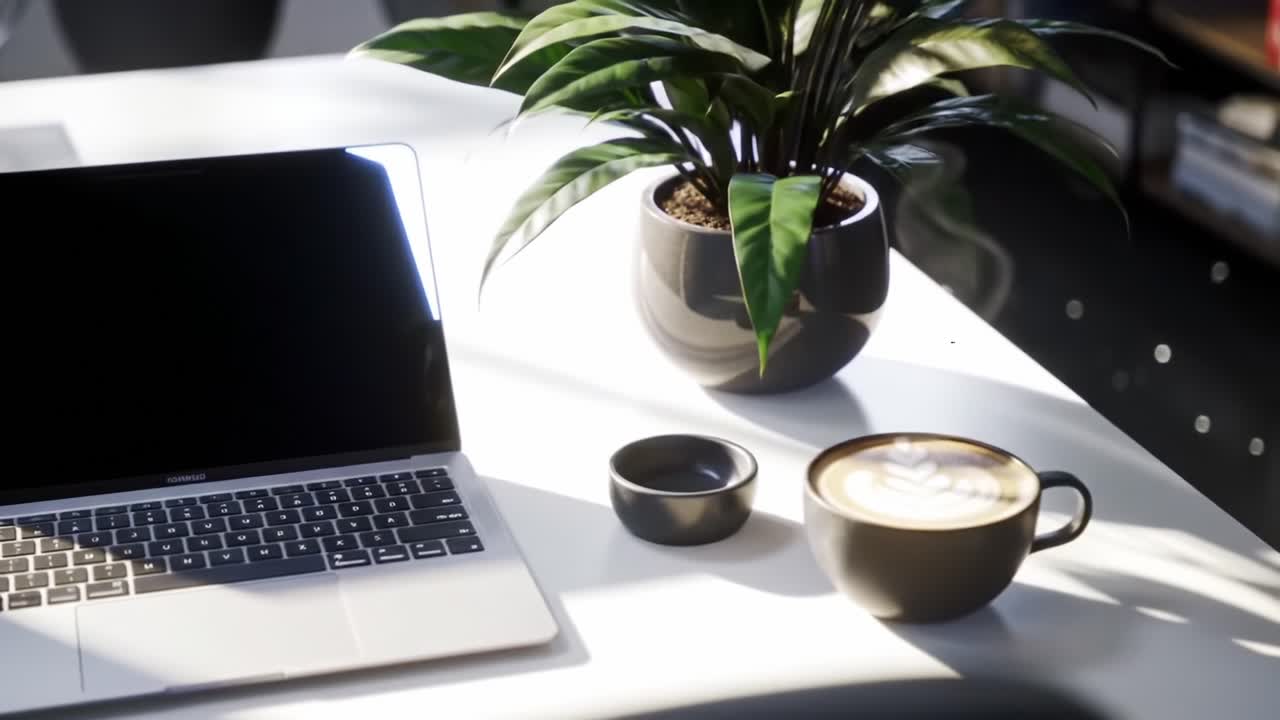 A Serene Workspace Moment: A Laptop, Coffee, and a Lush Plant Create an Inviting Atmosphere for Productivity and Relaxation