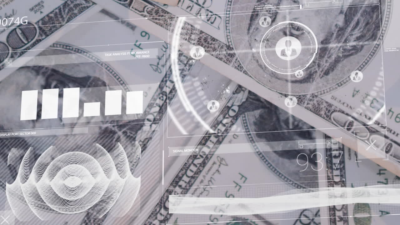 Animation of scope scanning and globe over man and warehouse