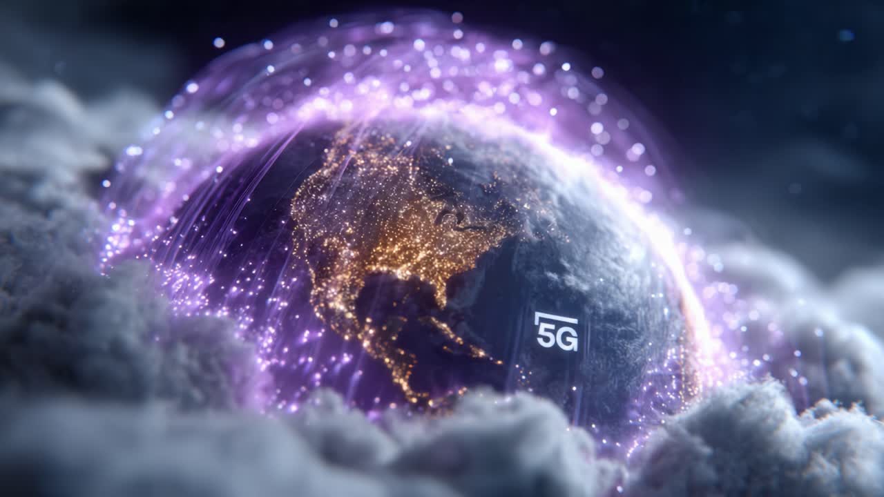 A Stunning Visualization of a Global Network Powered by 5G Technology, Surrounded by Ethereal Clouds and Sparkling Lights Signifying Connectivity and Innovation