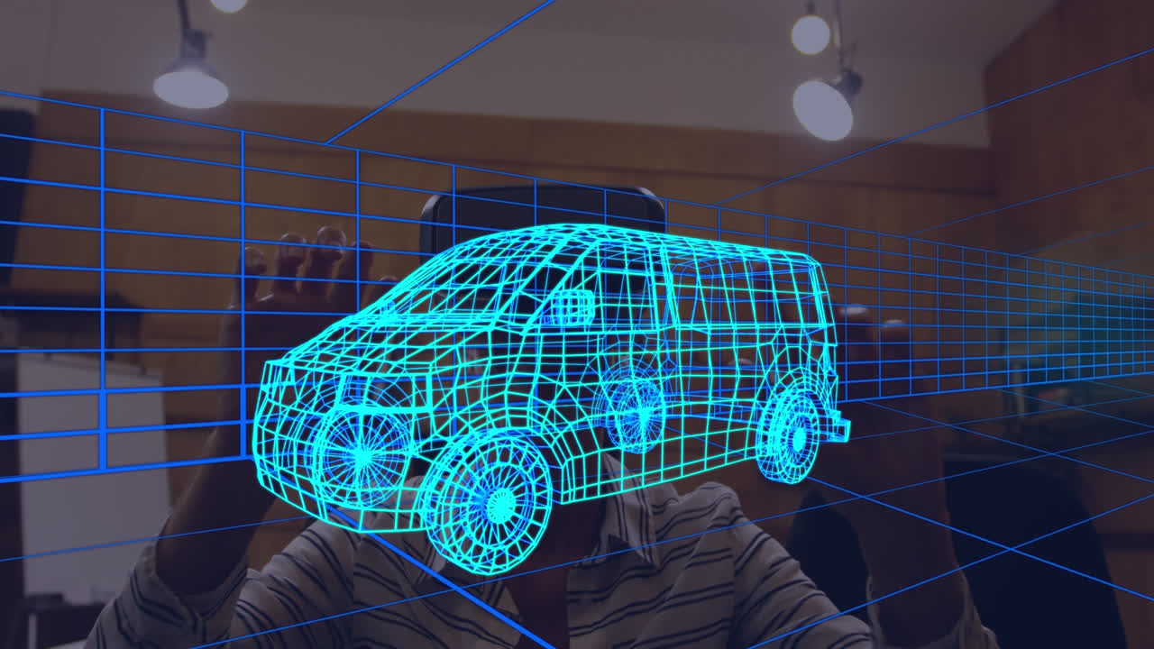 animación de dibujo 3d digital de un coche sobre una mujer usando auriculares vr