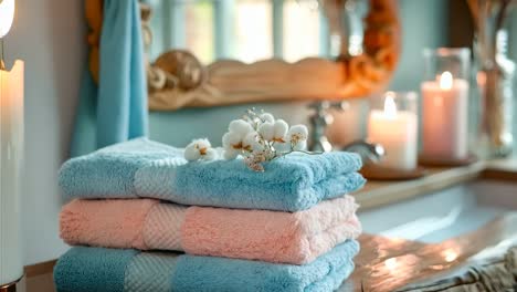 a stack of towels sitting on top of a wooden table