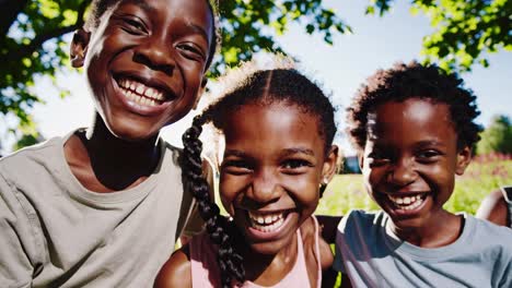 a joyful video still of four children smiling under a sunny sky video