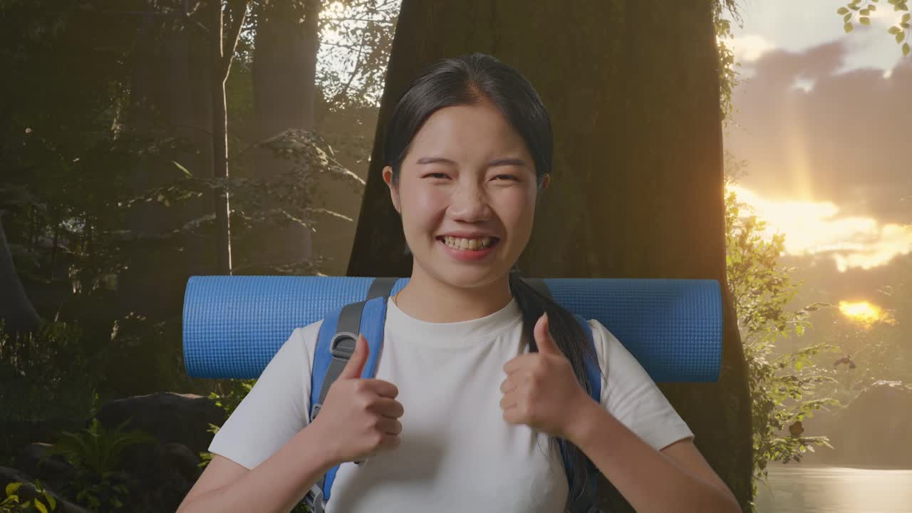 숲에서 산책하는 행복한 여자