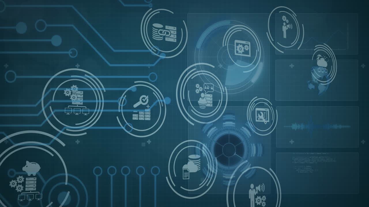 Animation of network of digital icons over scopes scanning and globe on screens