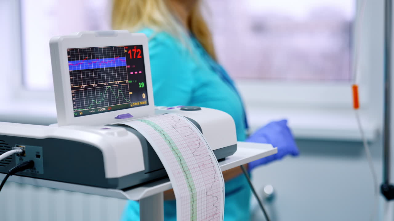 Cardiotocography device recording the fetal heart rate well-being. Female nurse wearing blue uniform standing at backdrop in blur.