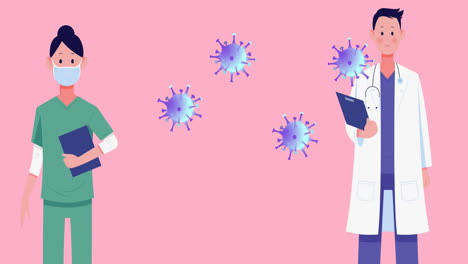 animation of blue coronavirus cells moving over female and male doctor on pink background