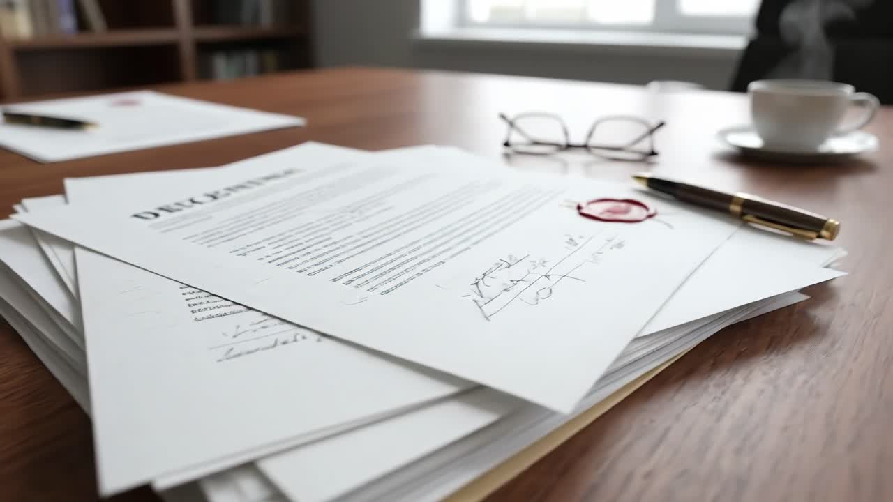 Official Legal Documents with Wax Seal and Pen on Office Desk
