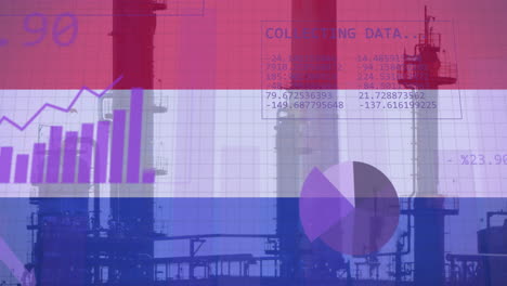 animation of statistics and data processing over flag of netherlands