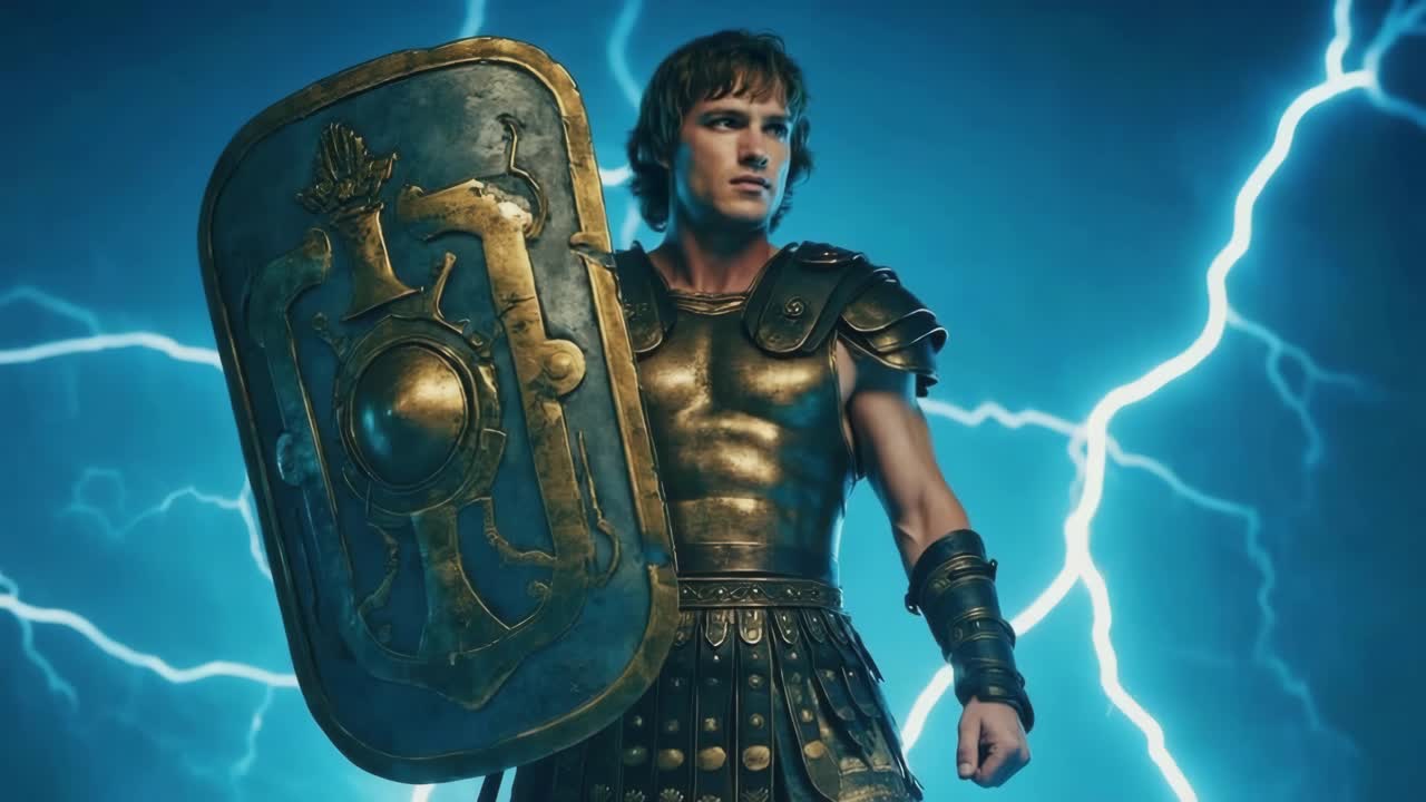 Ancient Greek Warrior with Shield and Lightning