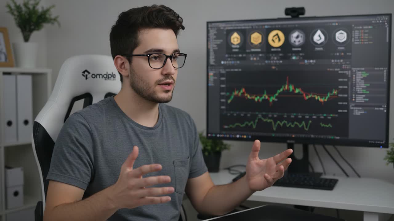 A young man explains trading strategies while analyzing financial graphs on a computer screen, demonstrating knowledge of market trends and data analysis techniques
