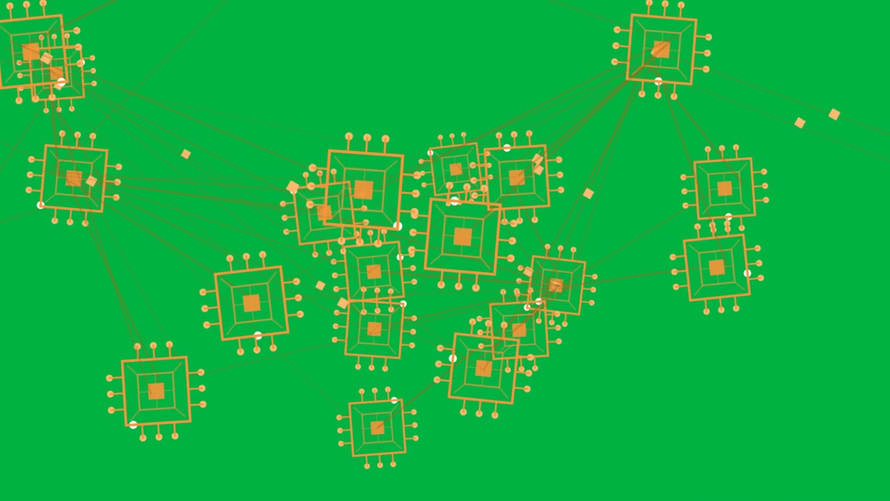 Upper-right hub pulling lines, causing orange chip net compacting, showing data flow on transparent