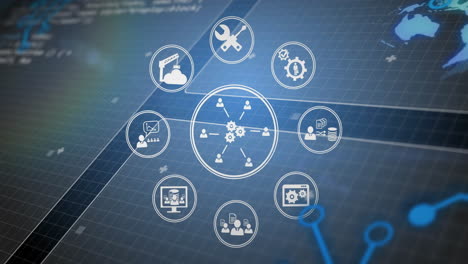 Procesamiento-De-Datos-Y-Conexiones,-Animación-Sobre-Iconos-Técnicos-En-El-Fondo-De-La-Cuadrícula