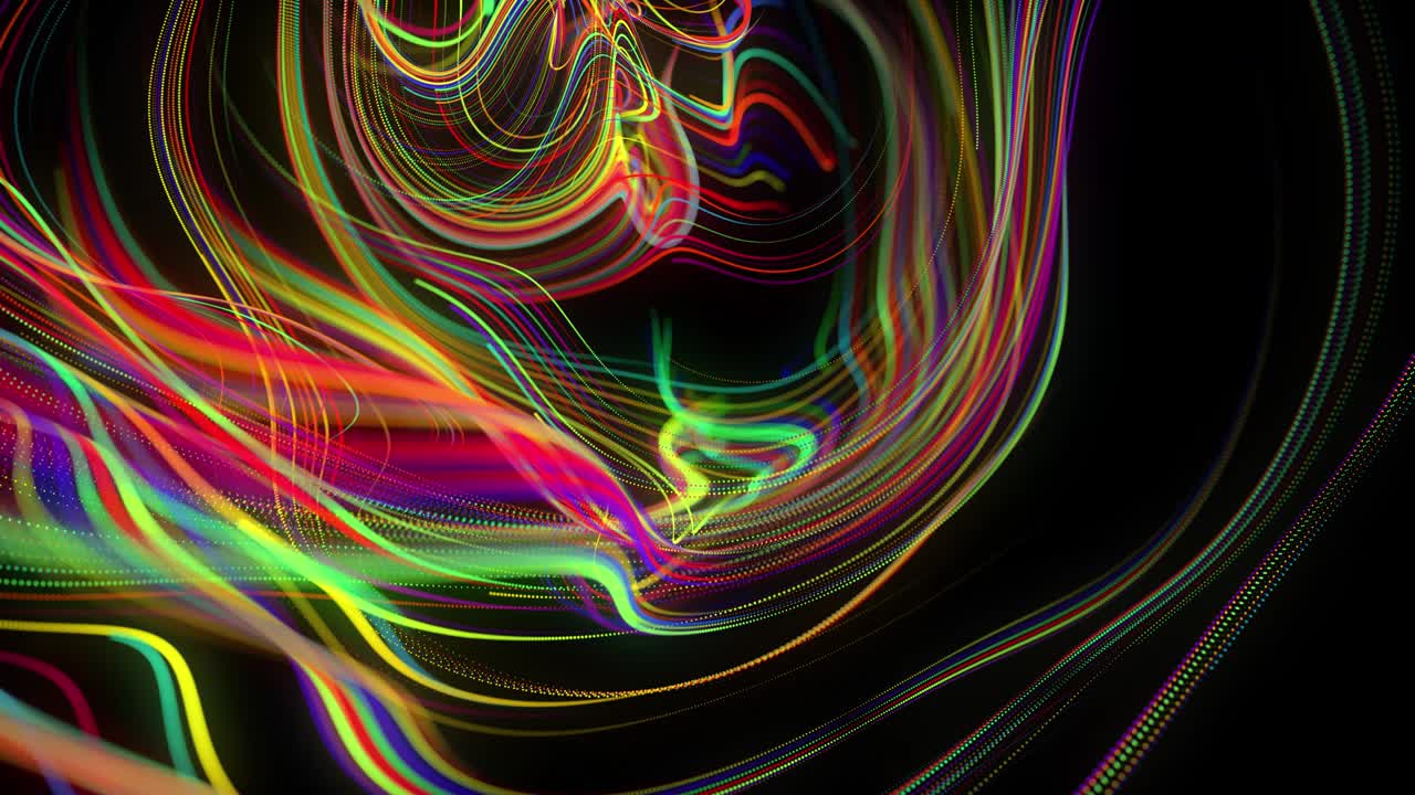 el flujo de fondo abstracto de líneas de brillo o rayas de luz. las partículas de luces en funcionamiento se forman en el espacio 3d brillando hermosas líneas curvas como una bola de alambres quemándose con luz de neón. hermoso bg creativo.