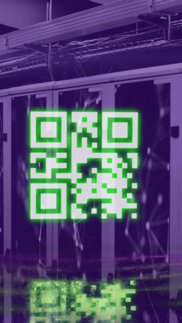Animation of yellow qr code and neon lights over networks and computer server room