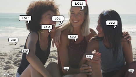 animation of speech bubbles with lol text over female friends smiling on beach