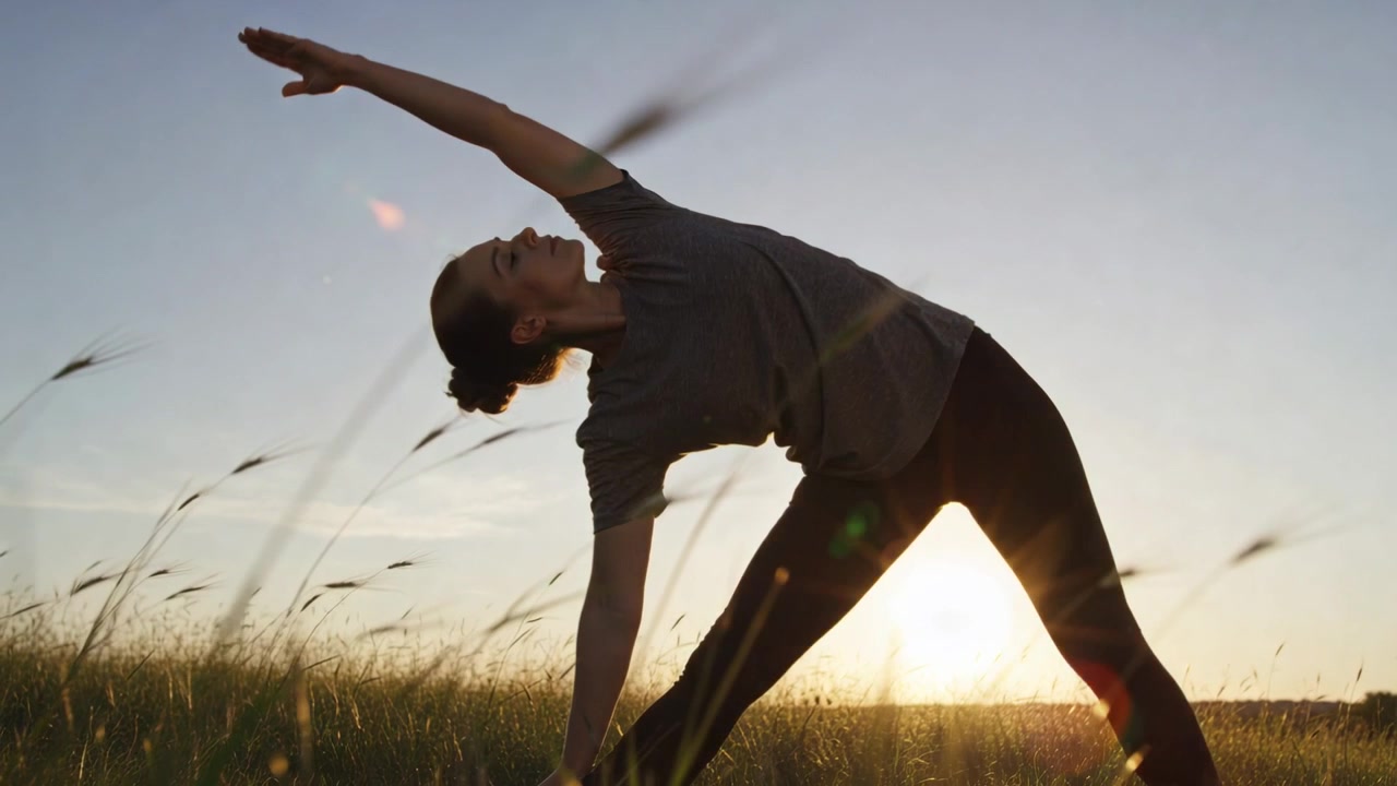Stretching woman bending sideways in tall grass at sunset for stretch with lens flare, in leggings