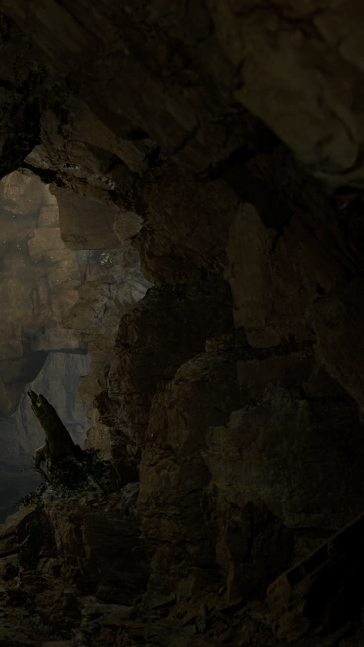 Esplorando una grotta rocciosa con luce fioca e formazioni uniche.