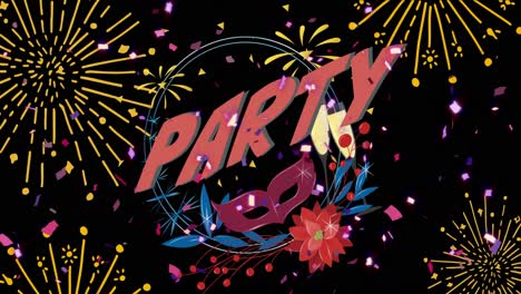 Animation-of-party-over-fireworks-on-black-background