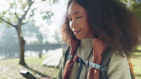 Phone,-forest-and-woman-camping