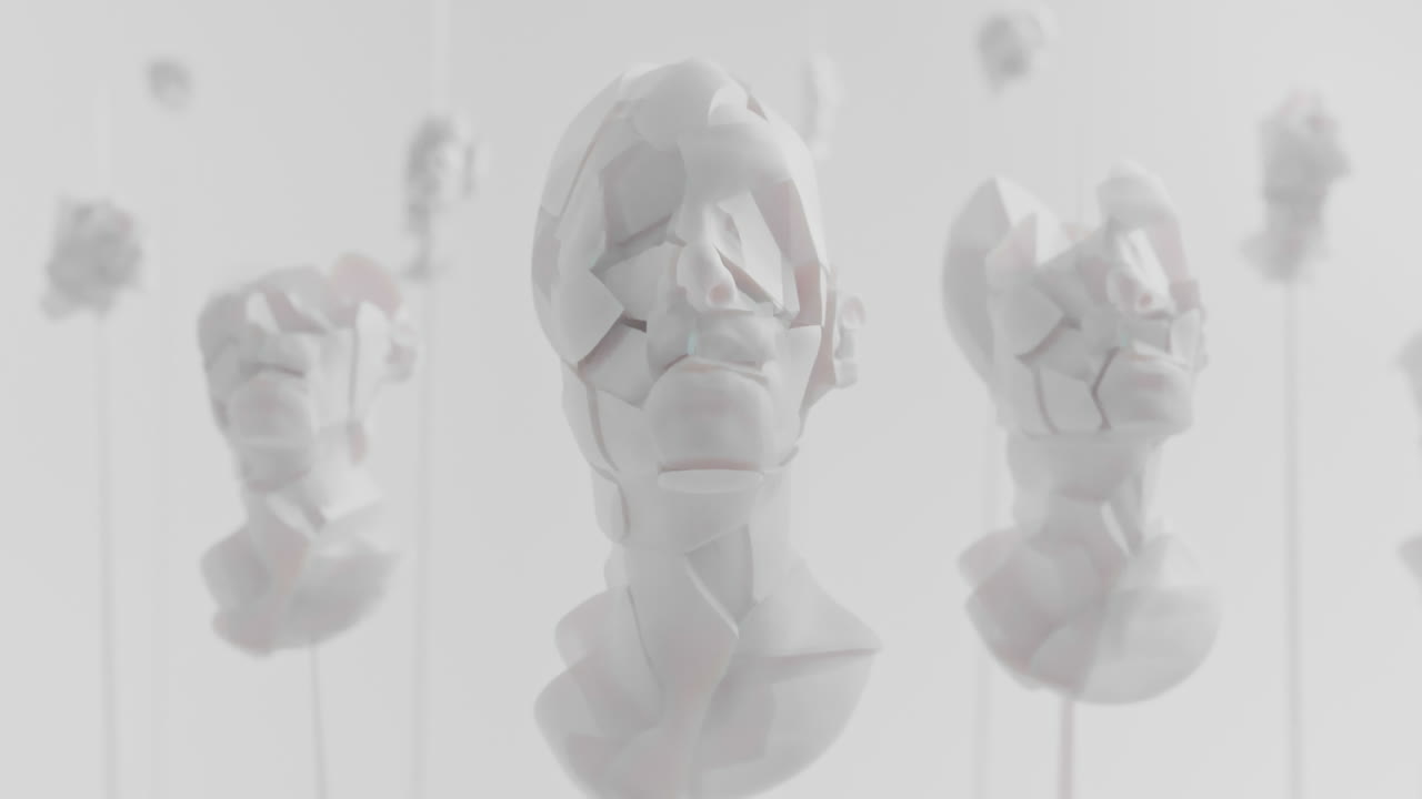 Multiple crushed android heads on spikes in white space