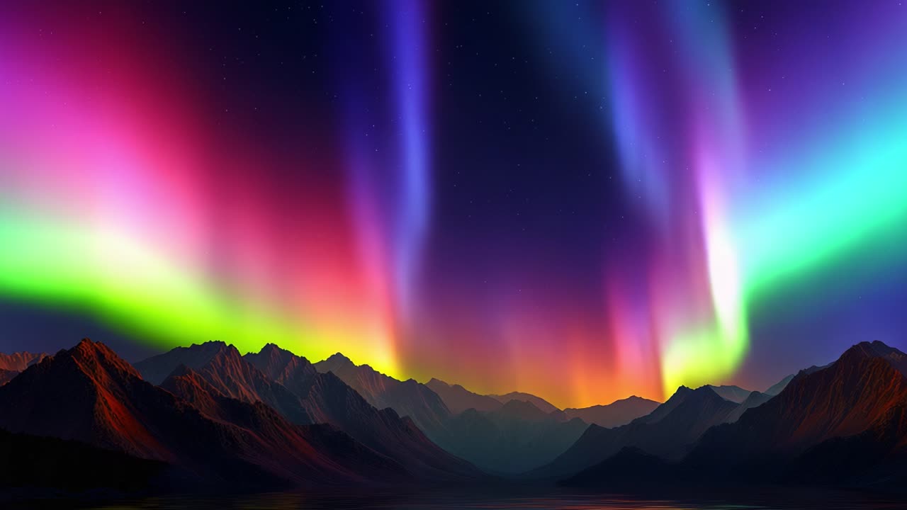 A stunning display of vibrant auroras dances across the night sky, illuminating the jagged mountain peaks and serene waters below in a breathtaking array of colors and beauty