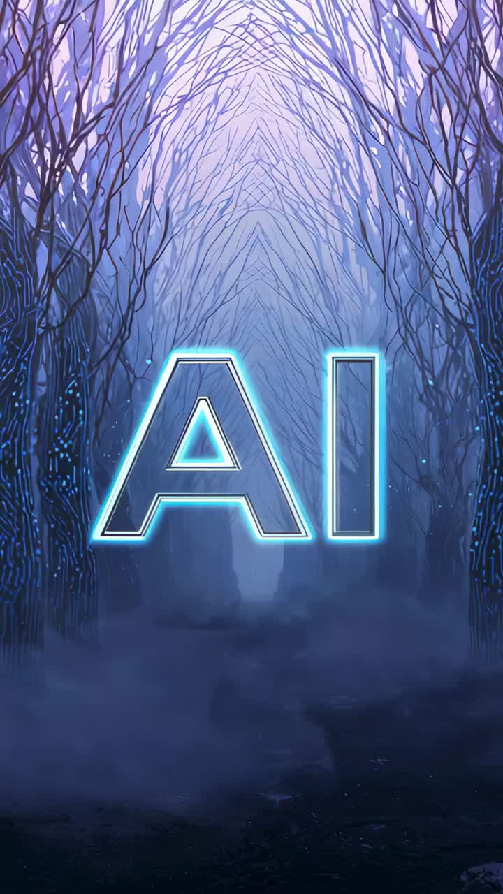 Vertical video: Scene starting AI text shifting left in forest tunnel to reveal path, pulsing glow