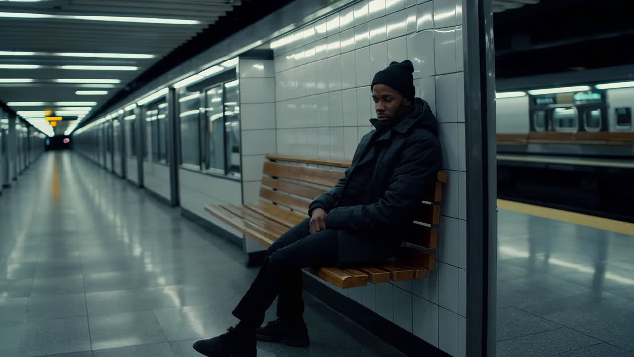 Man Sitting Alone in an Empty Subway Station