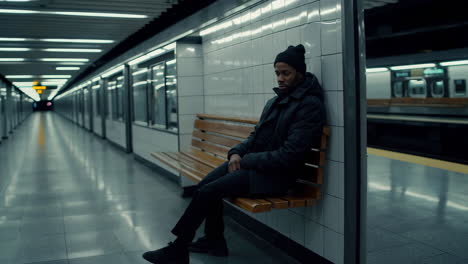 man sitting alone in an empty subway station