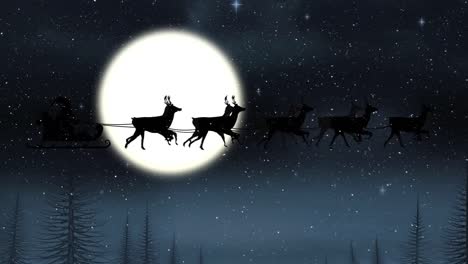 Santa-claus-in-sleigh-being-pulled-by-reindeers-against-christmas-tree-and-moon-in-the-night-sky