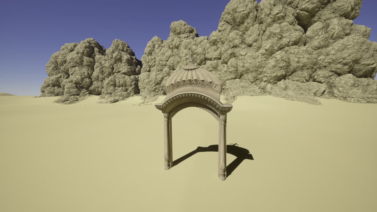 Ancient architectural structure stands isolated in vast desert landscape