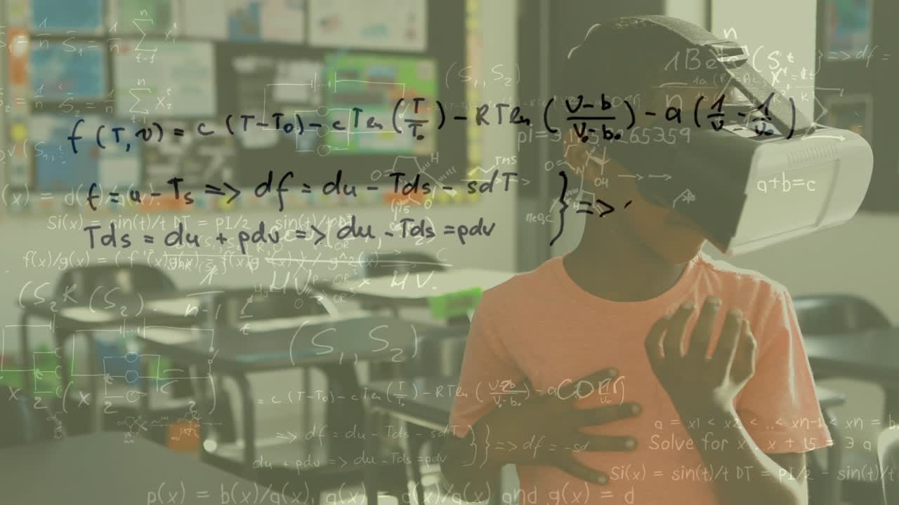 Animation of mathematical equations over african american schoolboy using vr headset