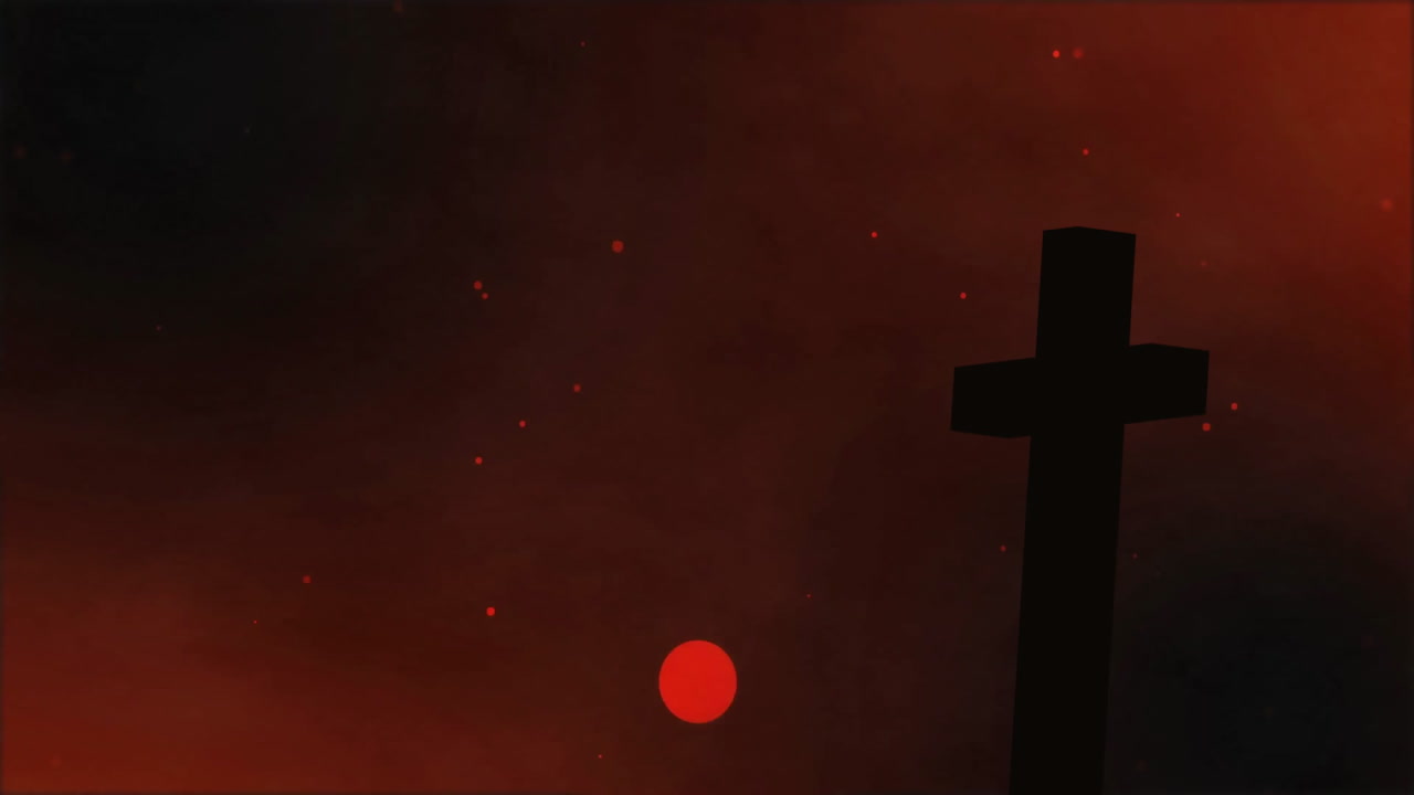 Cross silhouette against dark red sky with scattered glowing particles animation