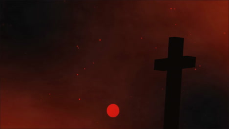 cross silhouette against dark red sky with scattered glowing particles animation