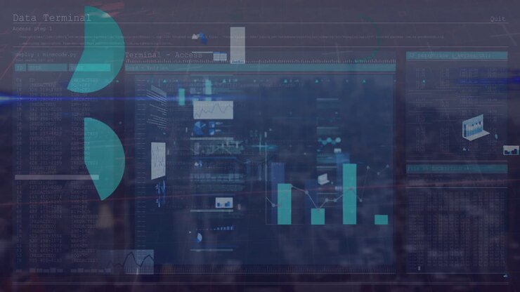 Animation of interface with statistical data processing against aerial view of cityscape