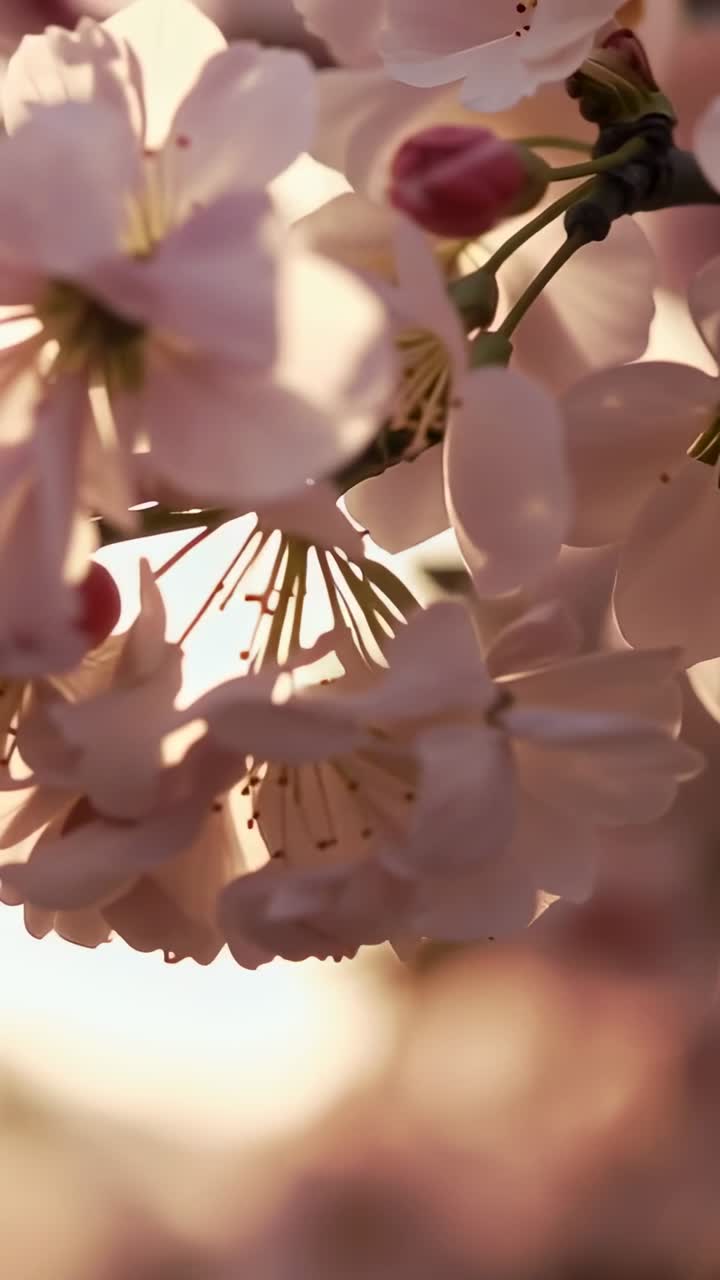 Video verticale: Un grappolo di fiori rosa che ondeggia, rivelando il polline mentre il sole entra nell'inquadratura sul ramo, con effetto bokeh.