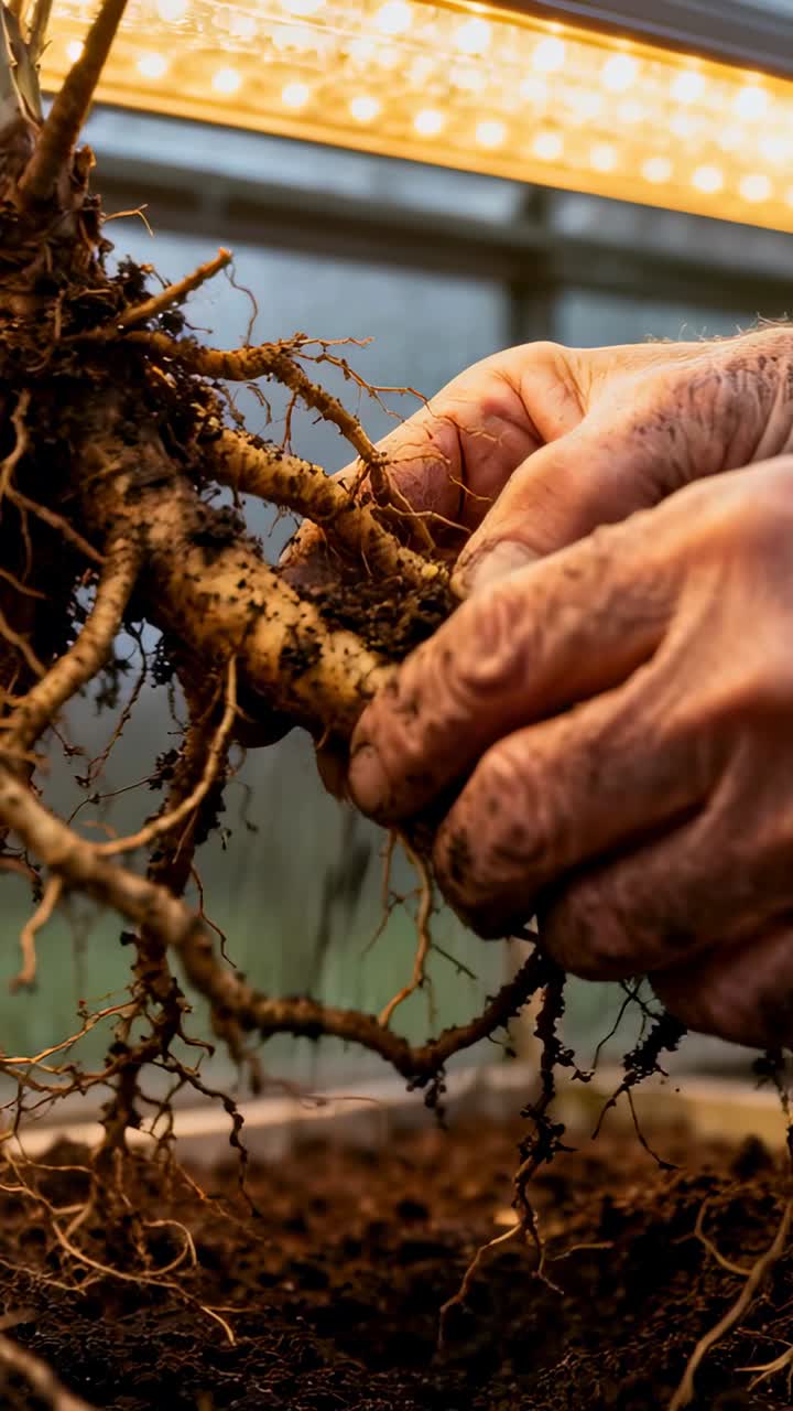 Vertical video: Holding roots gardener bare hands teasing soil over tray under LED greenhouse repot