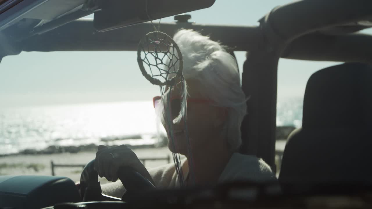 해변에 있는 차 안의 고령 여성