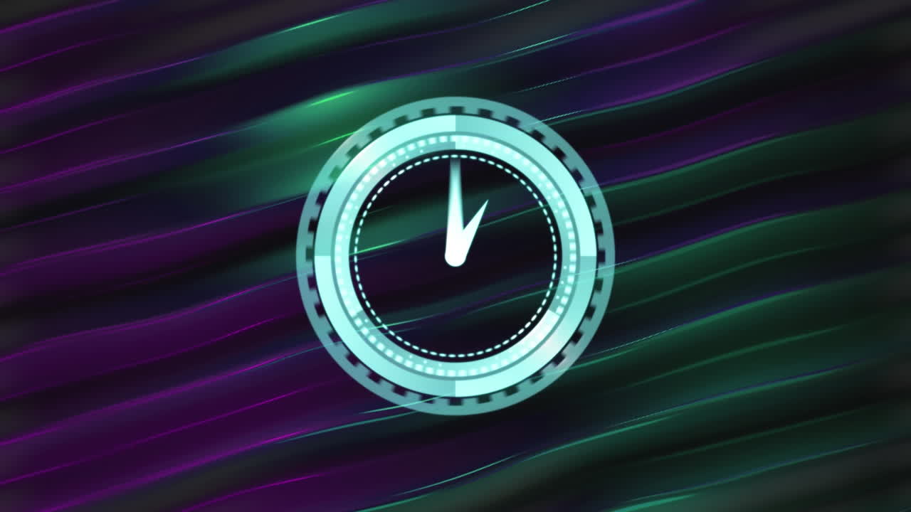 Animazione di orologio che si muove velocemente su sfondo con scie luminose viola e verdi