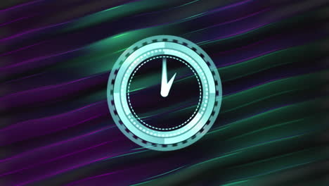 animación del reloj moviéndose rápidamente sobre los rastros de luz púrpura y verde de fondo
