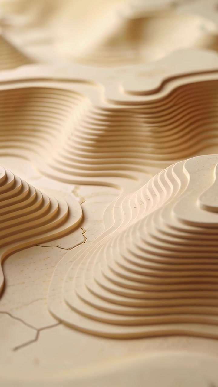 Vertical video: Panning camera showing layered mounds and crack on tabletop, accenting stacked form