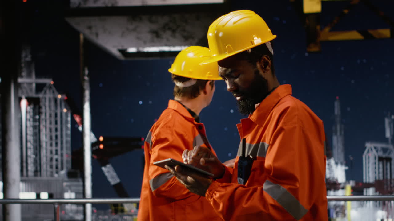 Offshore worker use walkie talkies to manage drilling rig operations at sea