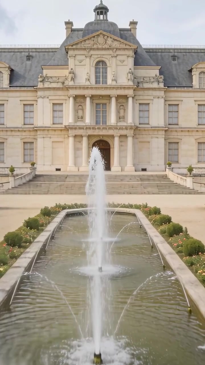 Video vertical: Chorro de fuente pulsante elevándose sobre un estanque reflectante hacia una mansión, rociando los jardines.