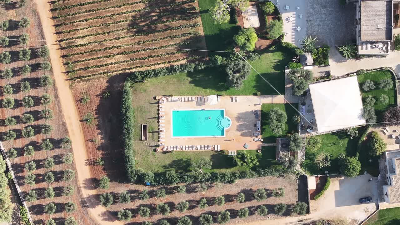 Bredt top-down luftfoto, der langsomt roterer, af en pool på en masseria olivenfarm i Syditalien.