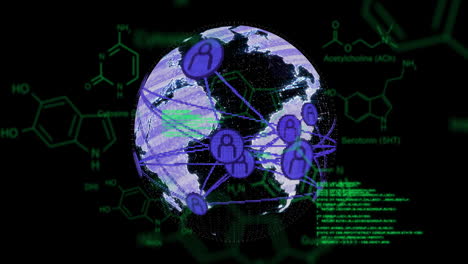 global network connections animation over chemical formulas and data processing
