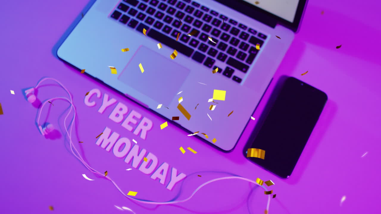 Animation of confetti falling over cyber monday text, laptop and smarpthone on purple background