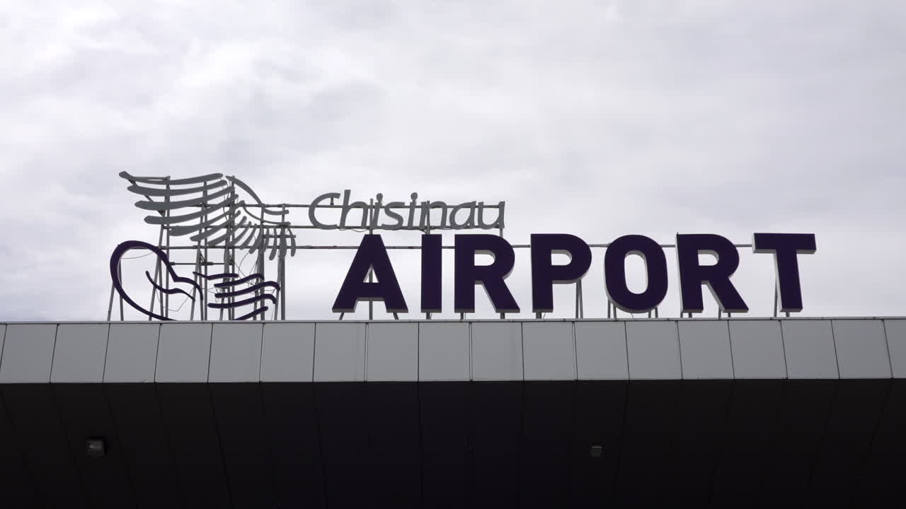 Chisinau airport signboard with the sky on the background