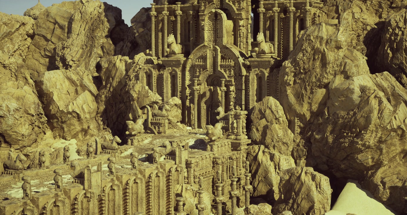 Weathered fortress with ornate reliefs and play of light and shadow