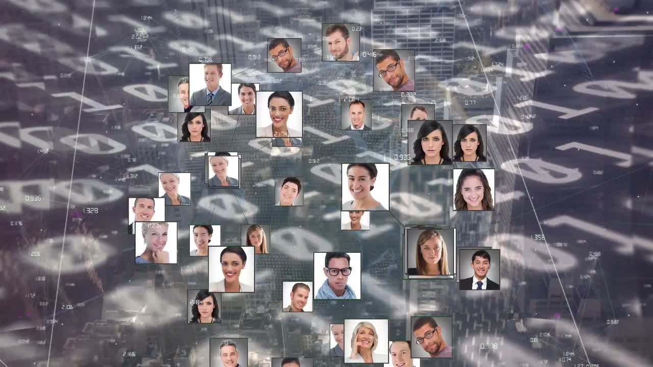 анимация обработки данных и значков людей над городским пейзажем